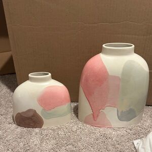H&M hand painted Ceramic Vase Pair in Pink, Cream & Brown